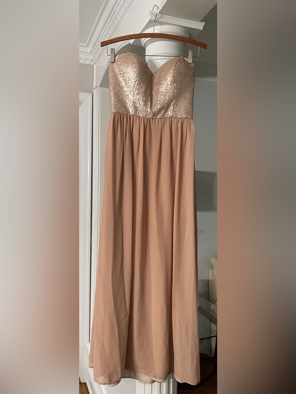Bari Jay size 8 strapless Gold sequin and chiffon gown